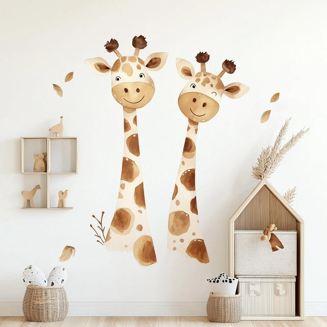 Playful watercolor giraffe wall sticker for kids room decor, featuring two cheerful giraffes with brown spots.