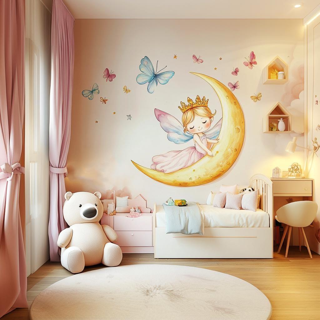 Fairy princess wall decal on moon with butterflies in pastel nursery decor for girls' room.