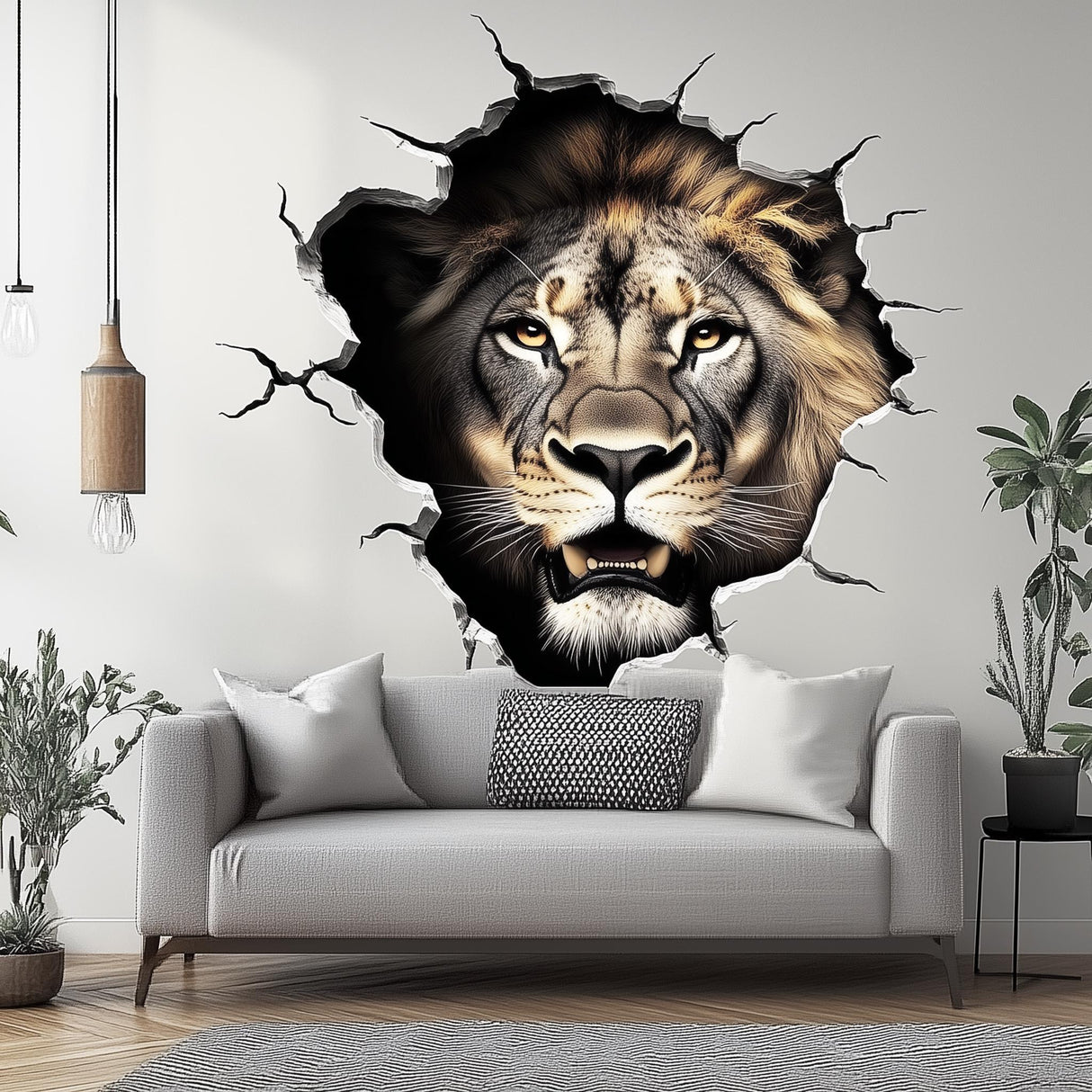 3D lion wall decal breaking through the wall, adding bold decor to a living room.