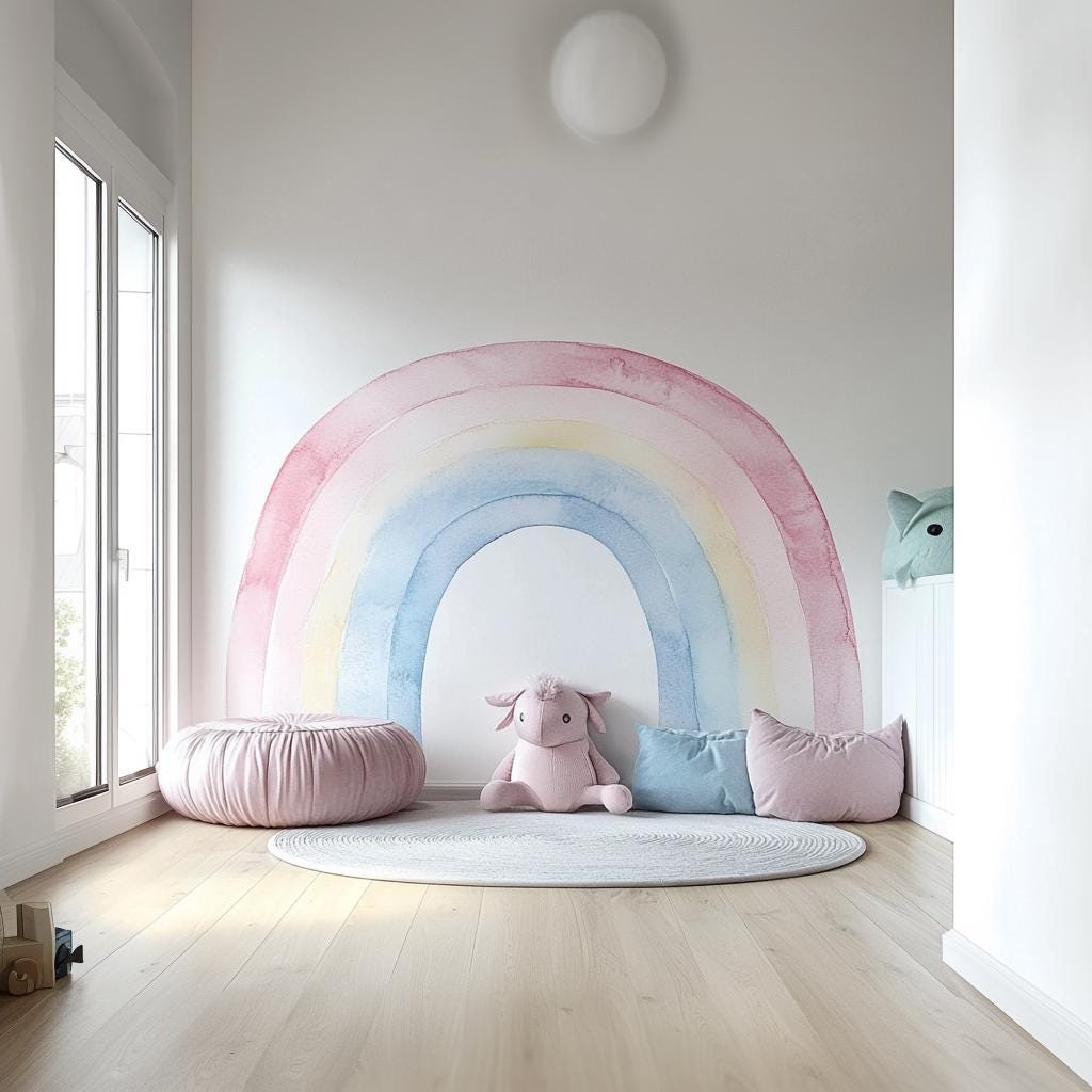 Pastel Rainbow Wall Decal | Watercolor Rainbow Nursery Sticker | Removable Wall Art for Game Room, Kids Room, or Playroom