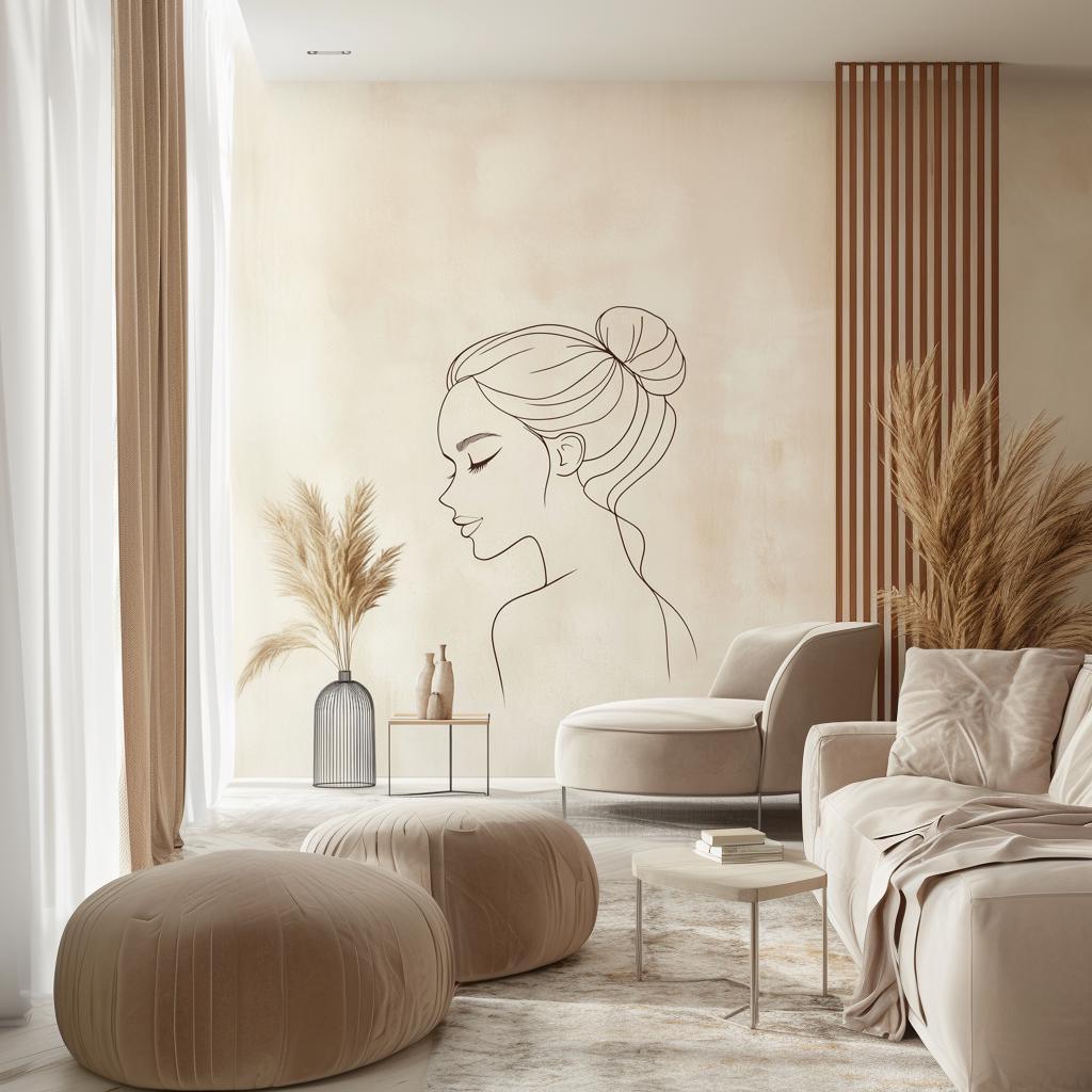 Minimalist line art woman wall decal in serene living room with modern decor.