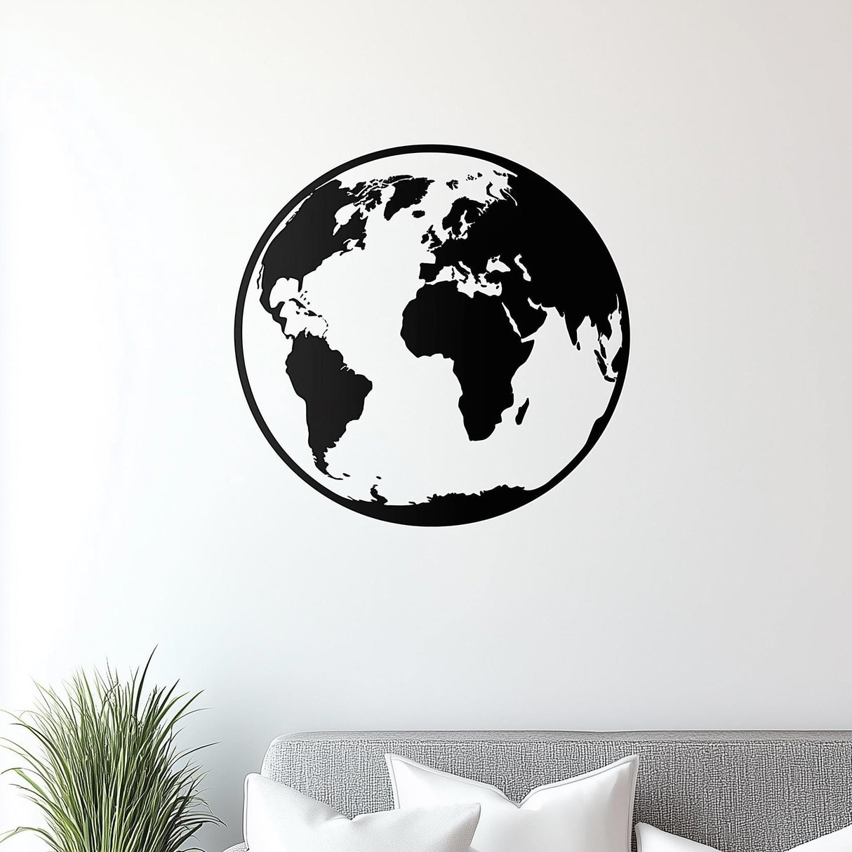 Minimalist black globe wall decal showcasing the Earth design, perfect for modern living room or office decor.