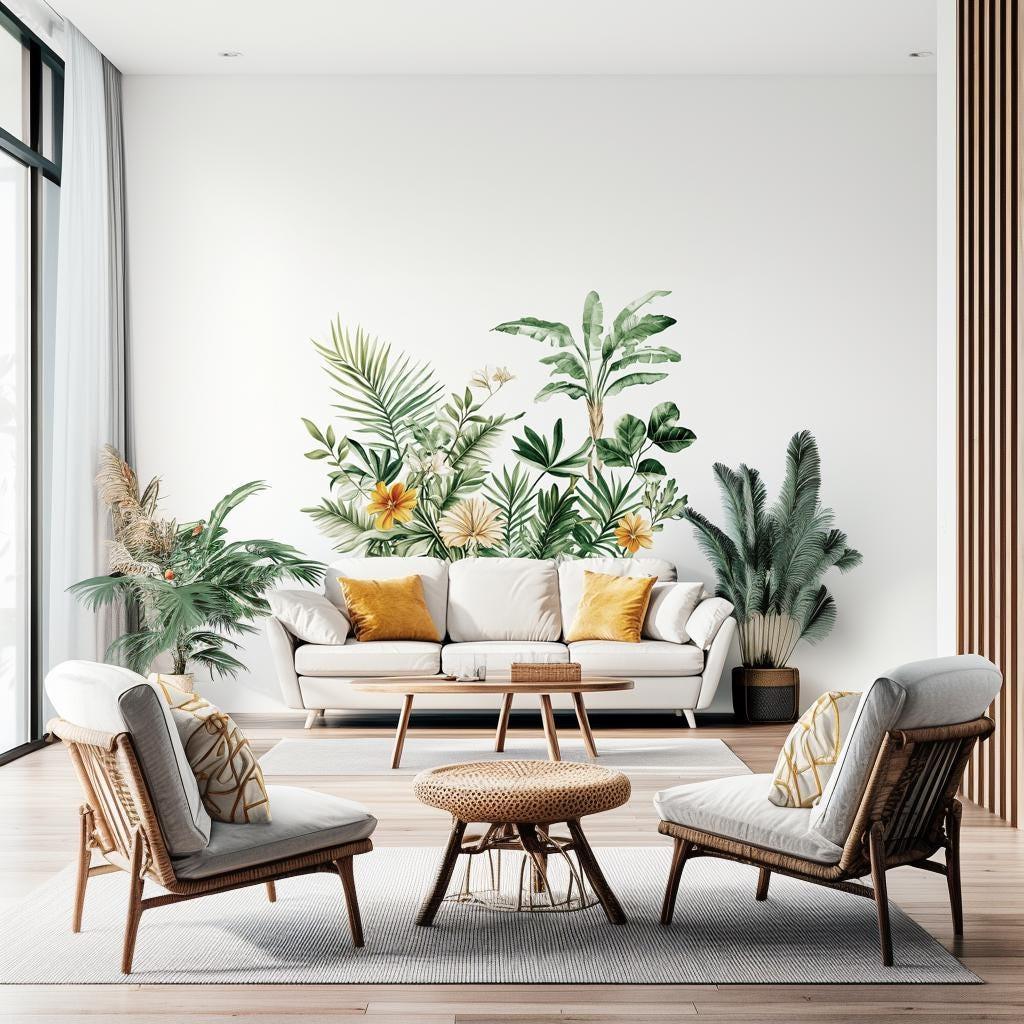 Living room with botanical wall decal featuring tropical leaves and flowers, enhancing a serene, nature-inspired decor.