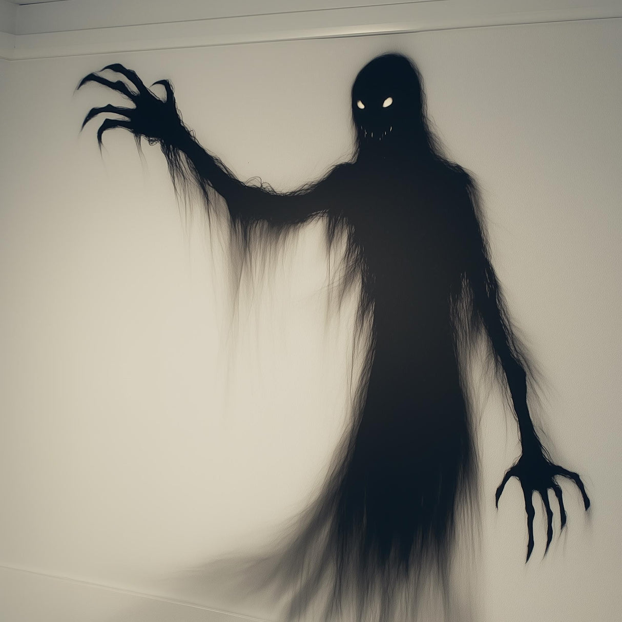 Eerie spooky shadow wall sticker depicting a ghostly figure with glowing eyes and claws, perfect for Halloween decor.