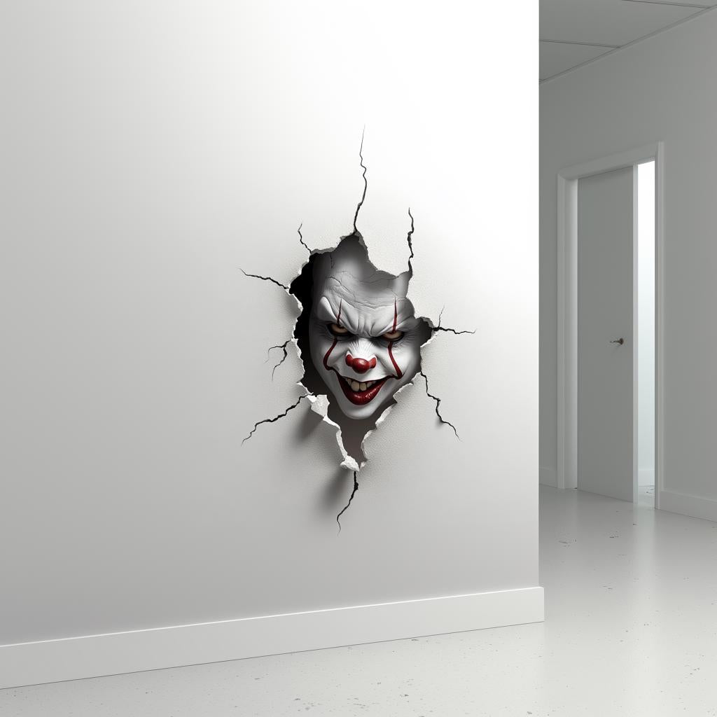 3D Evil Clown Wall Sticker | Scary Breakthrough Clown Crack Porthole Decal | Terrifying Clown Breaking Through the Wall Horror Halloween Art