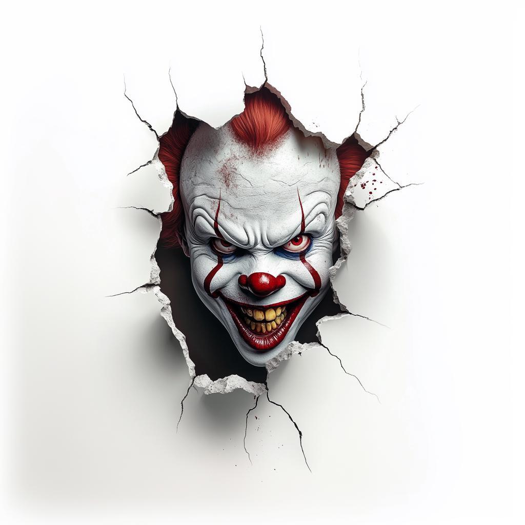 3D Evil Clown Wall Sticker breaking through a wall, perfect for Halloween horror decor.