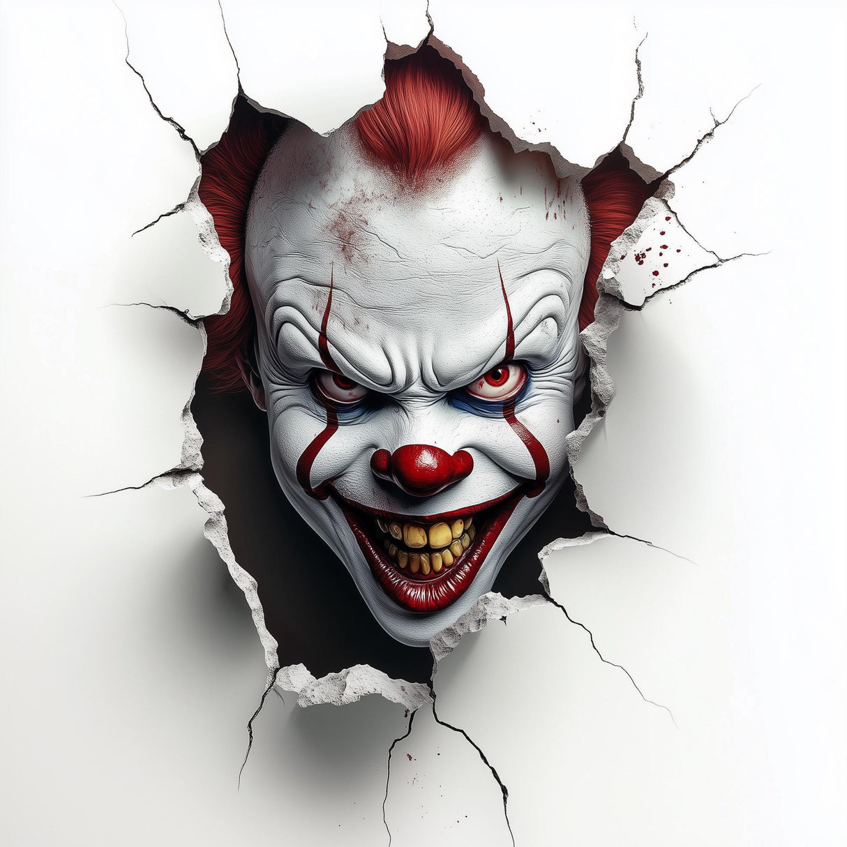 3D evil clown wall sticker breaking through a cracked wall, perfect for Halloween horror decor.