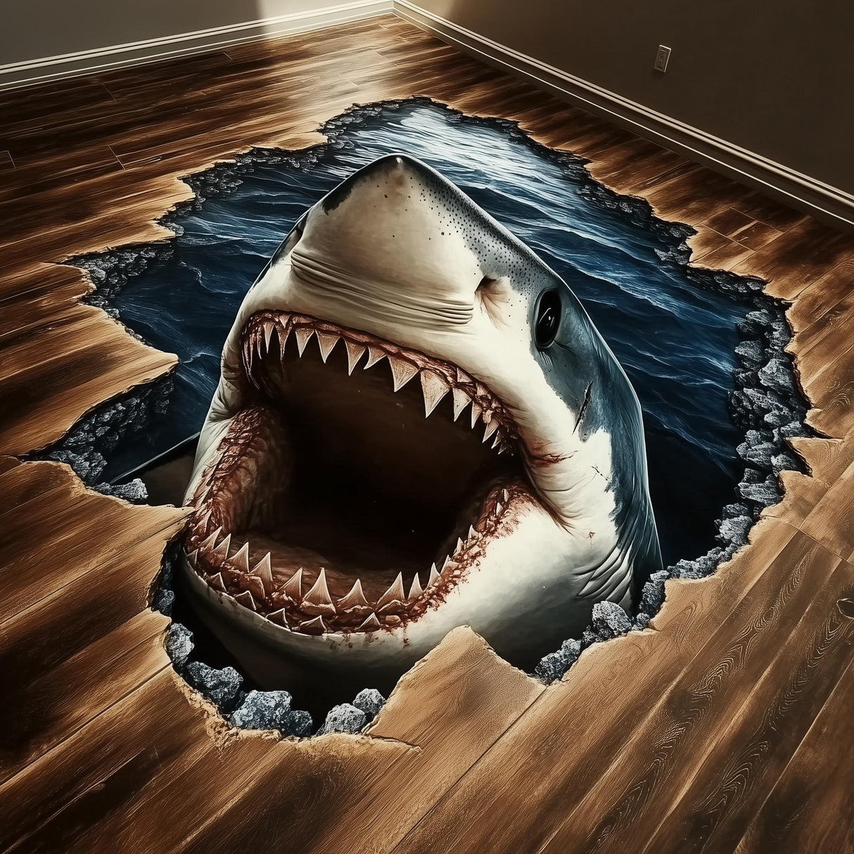 3D vinyl floor sticker of a Great White shark breaking through wood flooring, creating a stunning visual effect.