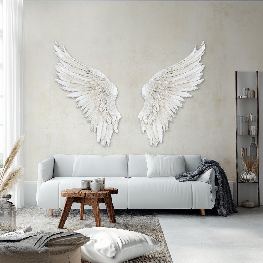 Elegant 3D angel wings wall decal above a white couch in a stylish living room, adding grace and inspiration.
