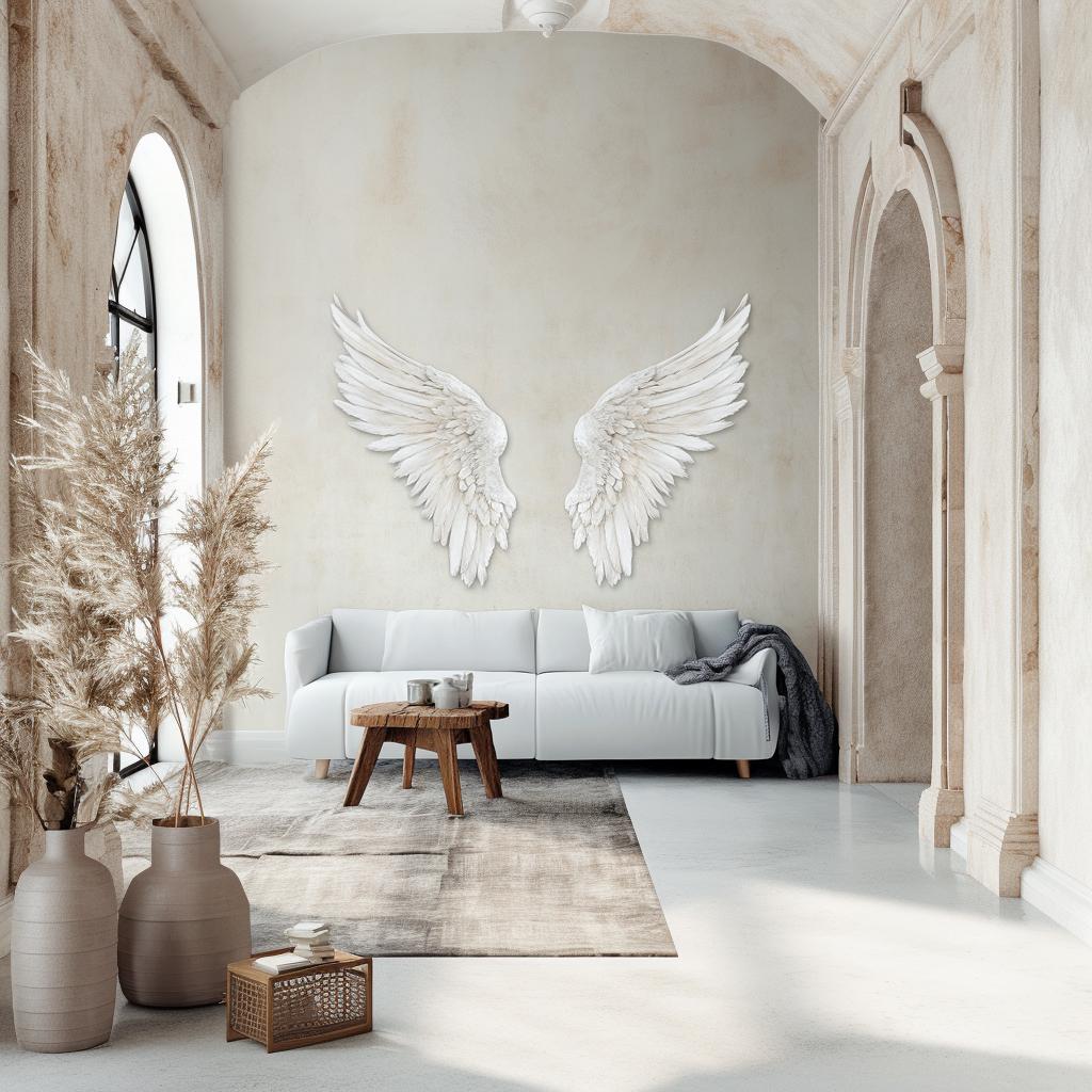 Elegant 3D angel wings wall decal in a stylish living room with white sofa and decorative plants.