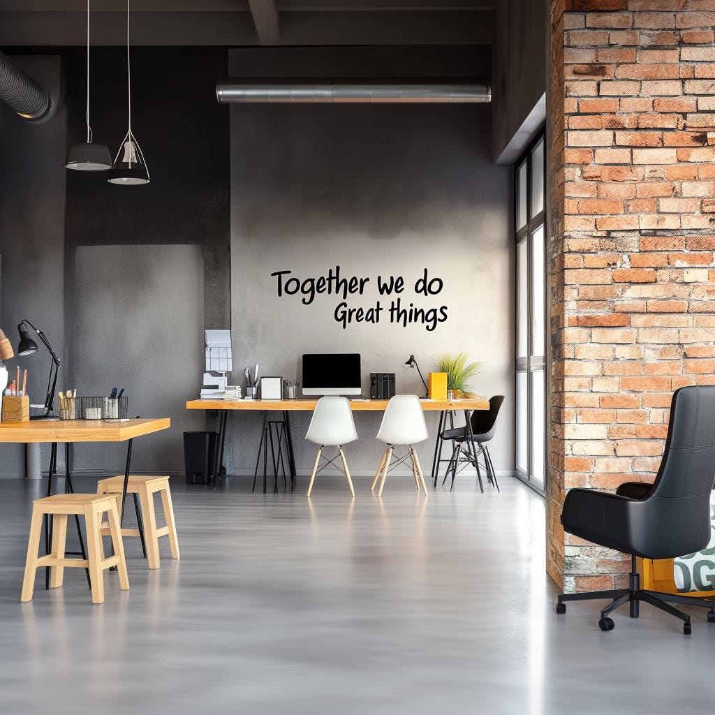 Modern office featuring 'Together we do Great things' motivational wall decal for teamwork and inspiration.