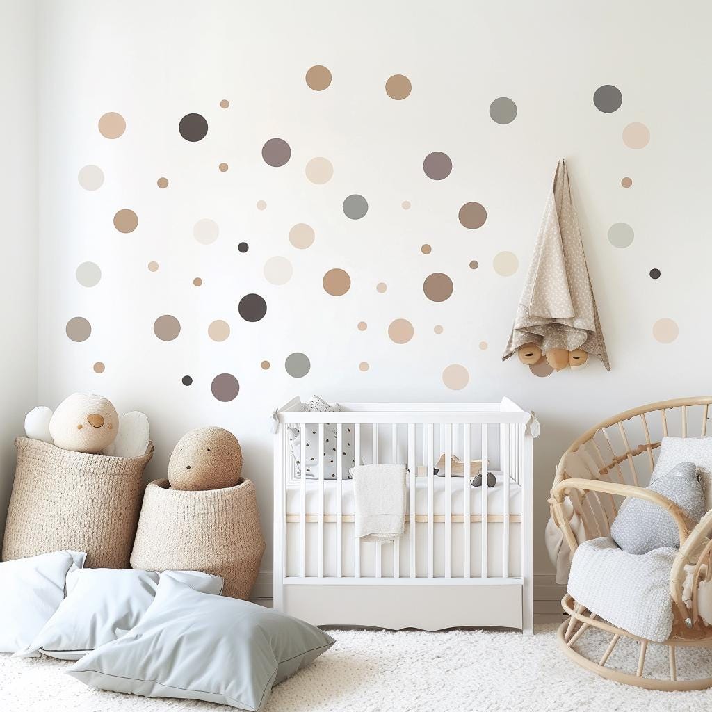 130 Piece Circle Wall Decals Set | Neutral Dots Wall Stickers for Baby Room | Beige Grey Adhesive Dots Nursery Kids Room | Easy Peel Stick