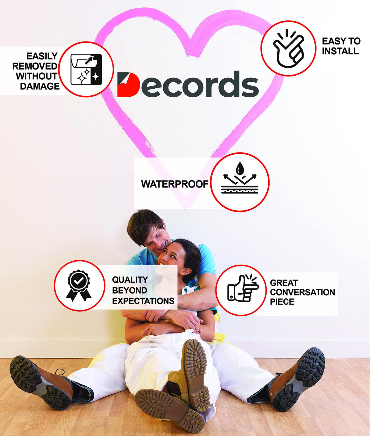 Couple sitting against a wall with Decords logo highlighting features like easy installation and waterproof quality.