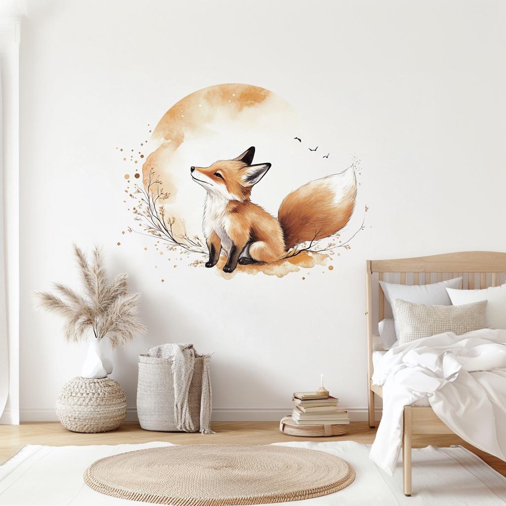 Charming fox wall decal in a cozy nursery with soft colors and woodland decor.