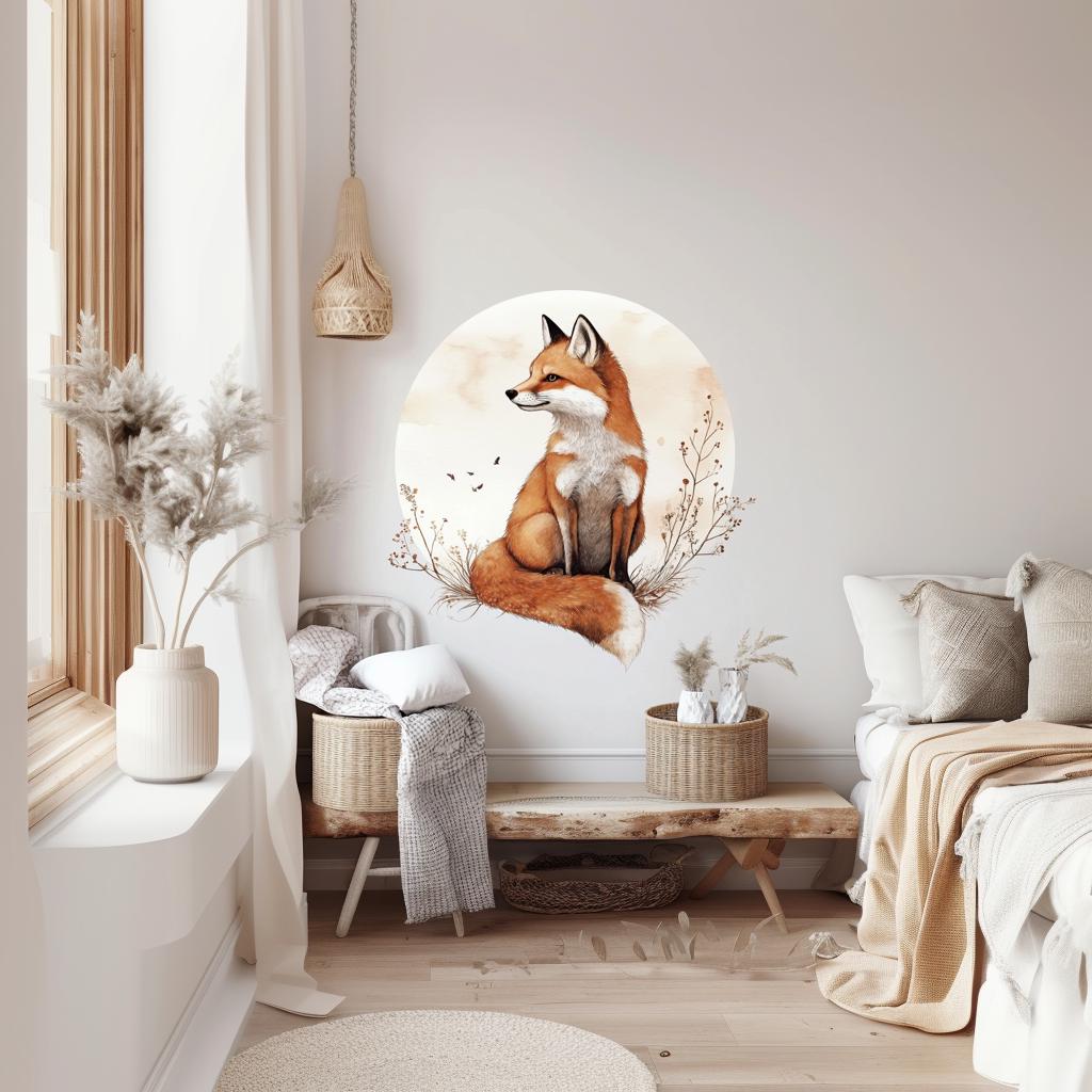 Elegant fox wall decal in a cozy nursery, adding a whimsical touch to the room decor with a woodland theme.