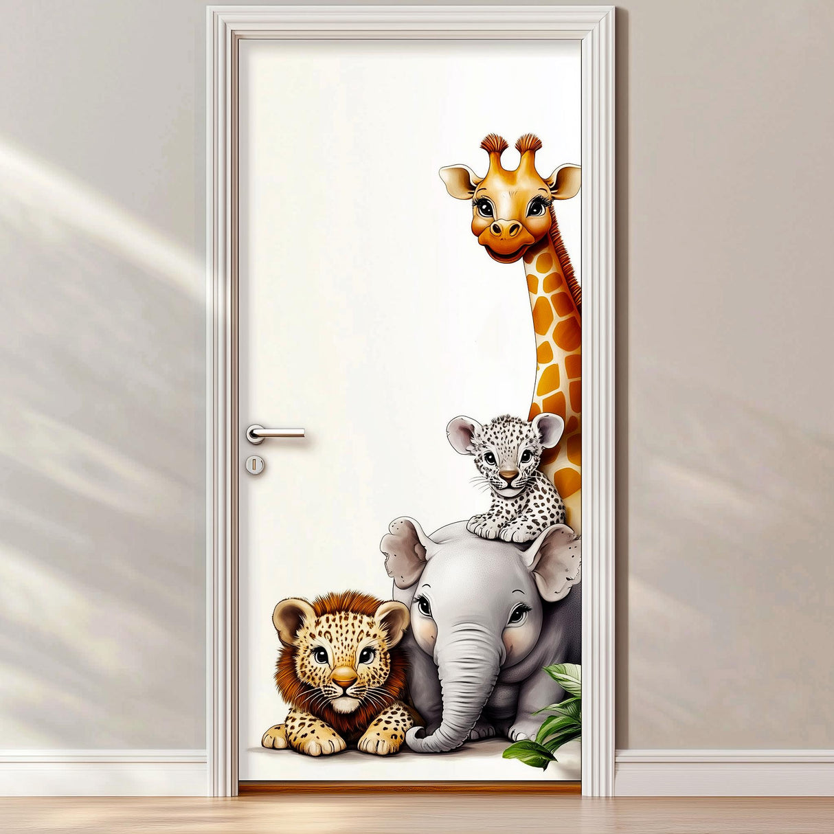 Safari animal door sticker featuring baby giraffe, lion, elephant, and leopard for kids' room decor.