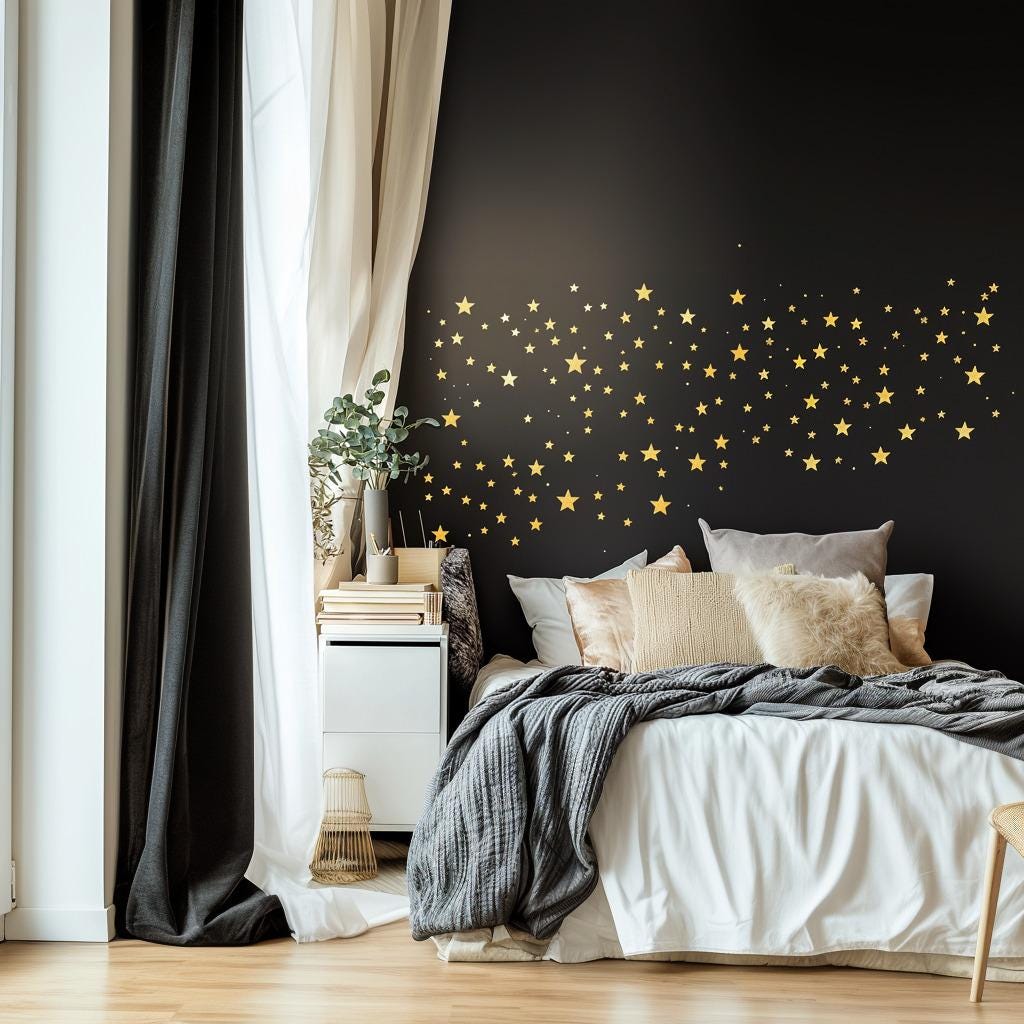 Gold Stars Wall Decals | Sparkles Star Stickers for Bedroom, Nursery, Living Room | Removable Night Sky Wall Art | Modern Celestial Decor
