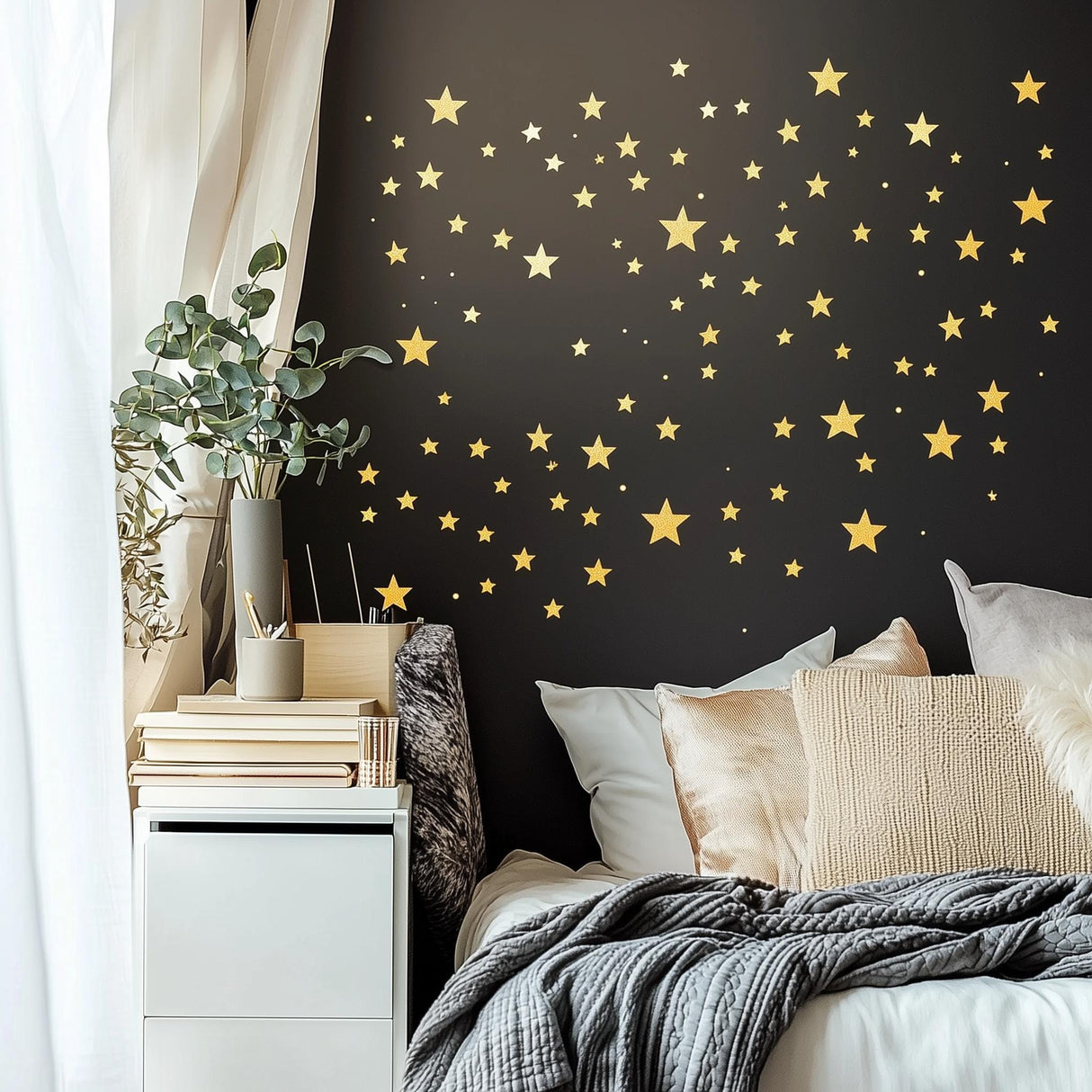 Gold Stars Wall Decals | Sparkles Star Stickers for Bedroom, Nursery, Living Room | Removable Night Sky Wall Art | Modern Celestial Decor