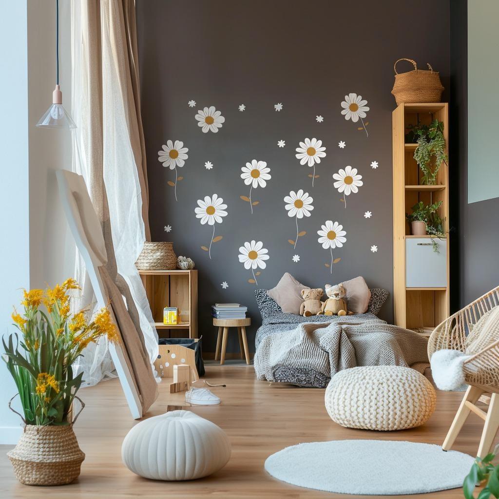 Bright and whimsical daisy flower wall decals in a nursery, enhancing the playful décor with nature-inspired design.