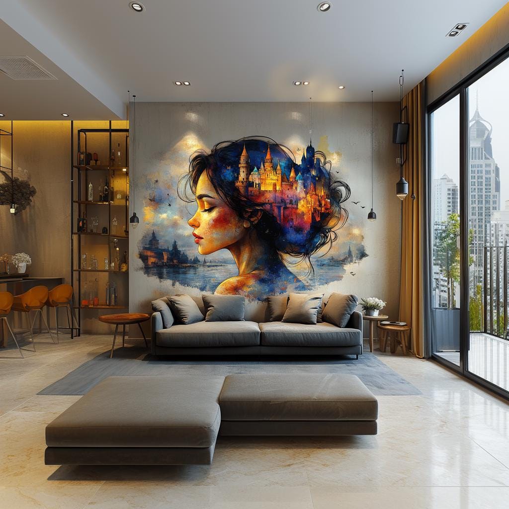Vibrant woman portrait vinyl wall sticker with castle design, adding fantasy decor to a modern living room.