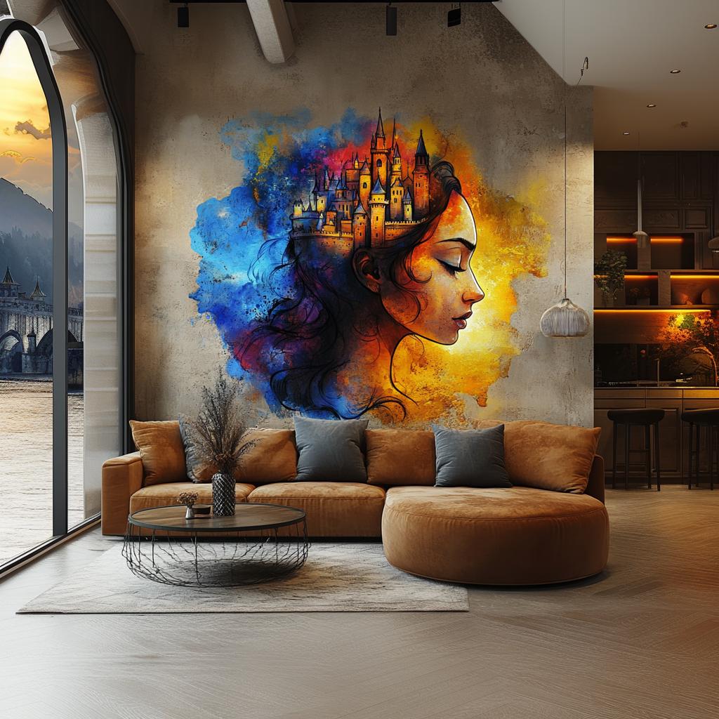 Vibrant woman portrait wall sticker featuring a castle in her hair, enhancing a modern living room decor.