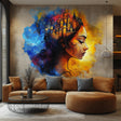 Fantasy castle wall art sticker featuring a woman portrait, vibrant colors, perfect for living room or bedroom decor.