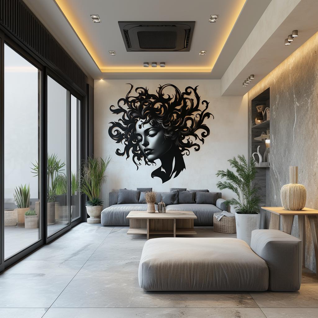 Elegant woman face wall decal in black and white gracing a modern living room with stylish furniture and plants.