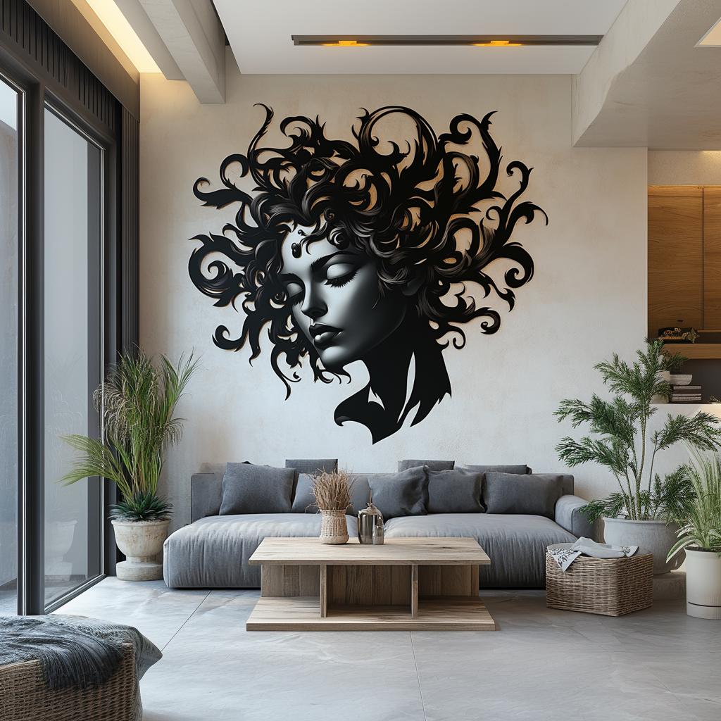 Elegant black and white woman's face wall decal in modern living room, adding artistic flair to the space.