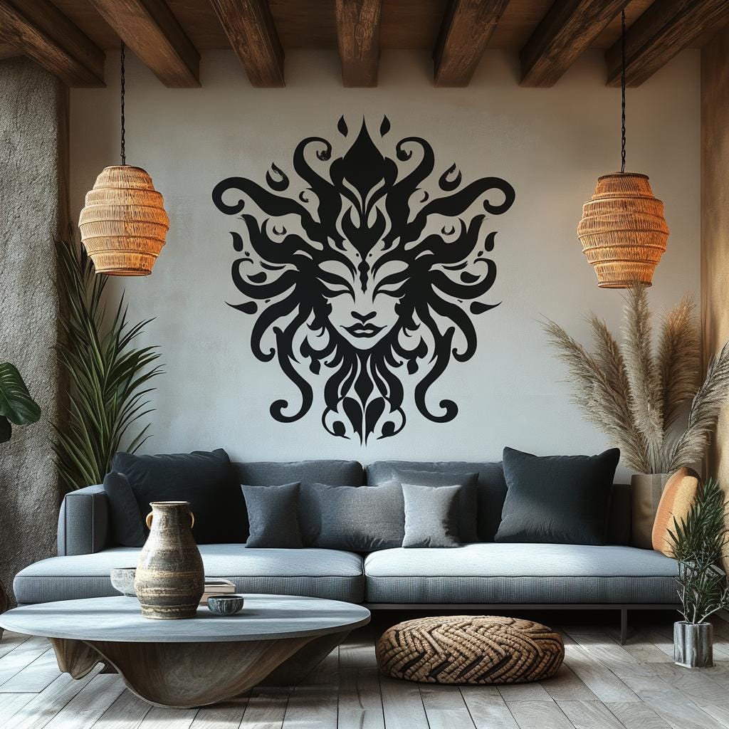 Abstract black vinyl face wall decal in modern living room with stylish furniture and decor.