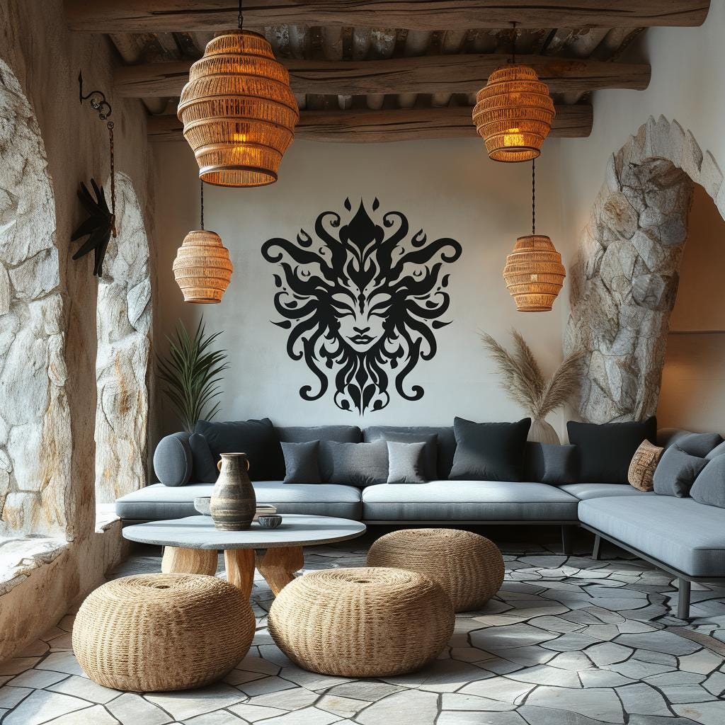 Large black and white abstract face wall decal in a modern living room with natural decor and cozy seating.