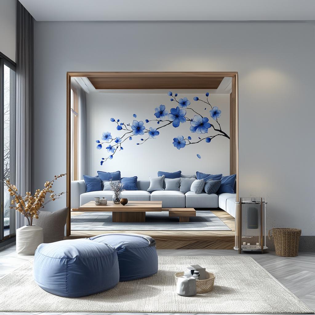 Blue flower branch wall decal in modern living room with cozy furniture and natural light.