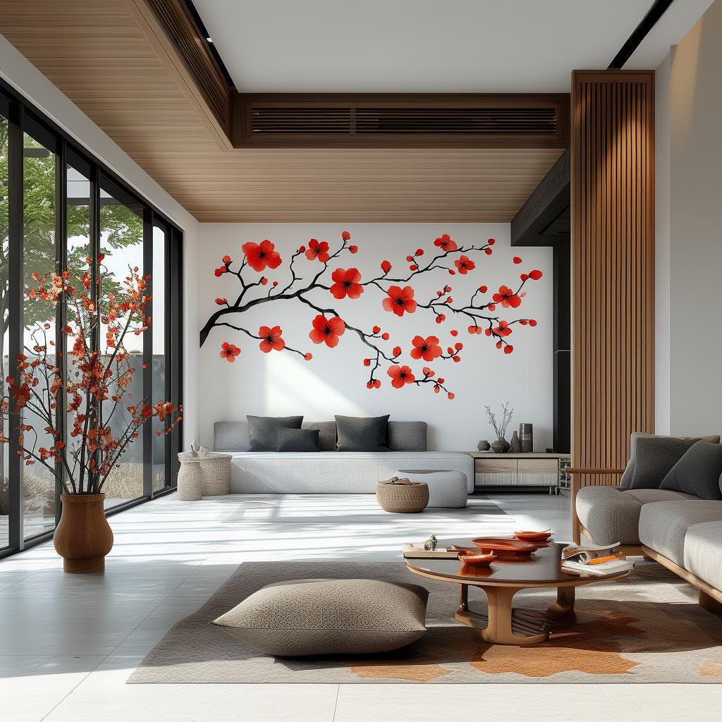 Large red flower branch wall decal in a modern living room with stylish decor and ample natural light.