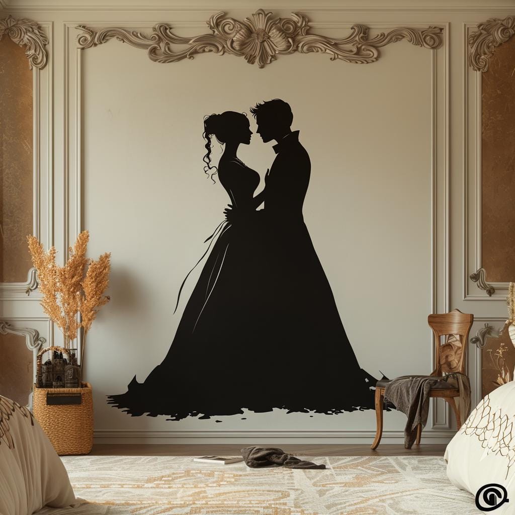 Bride and groom silhouette wall decal in a romantic bedroom setting, perfect for wedding decor.