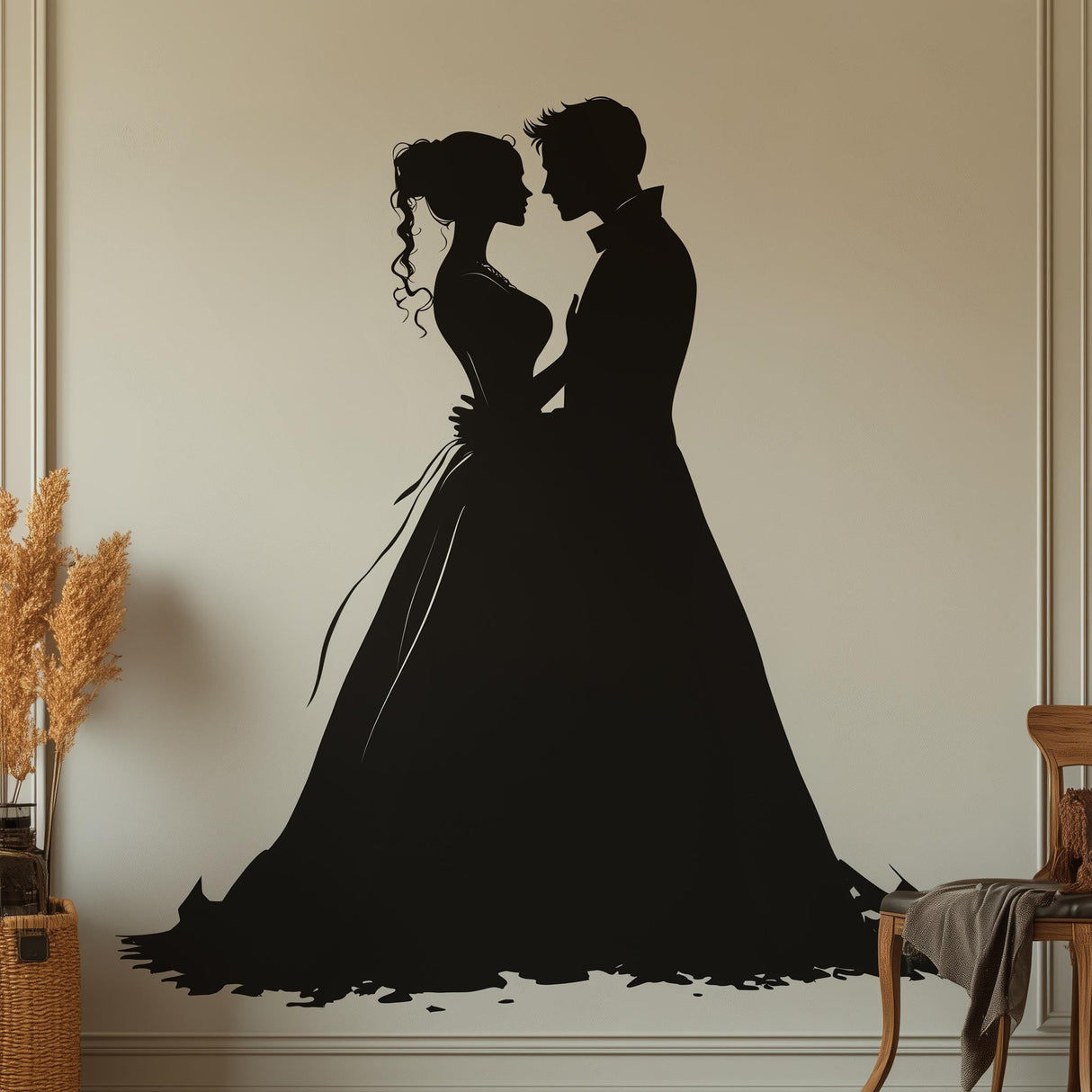 Bride and groom silhouette wall decal, romantic vinyl sticker for wedding or home decor.