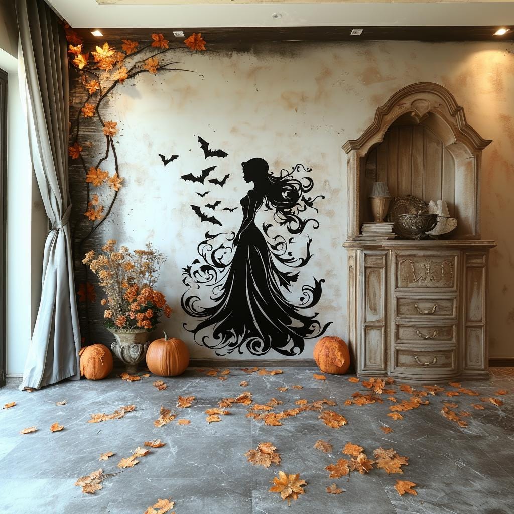 Witch silhouette wall decal with bats in autumn-themed living room decor with pumpkins and leaves.