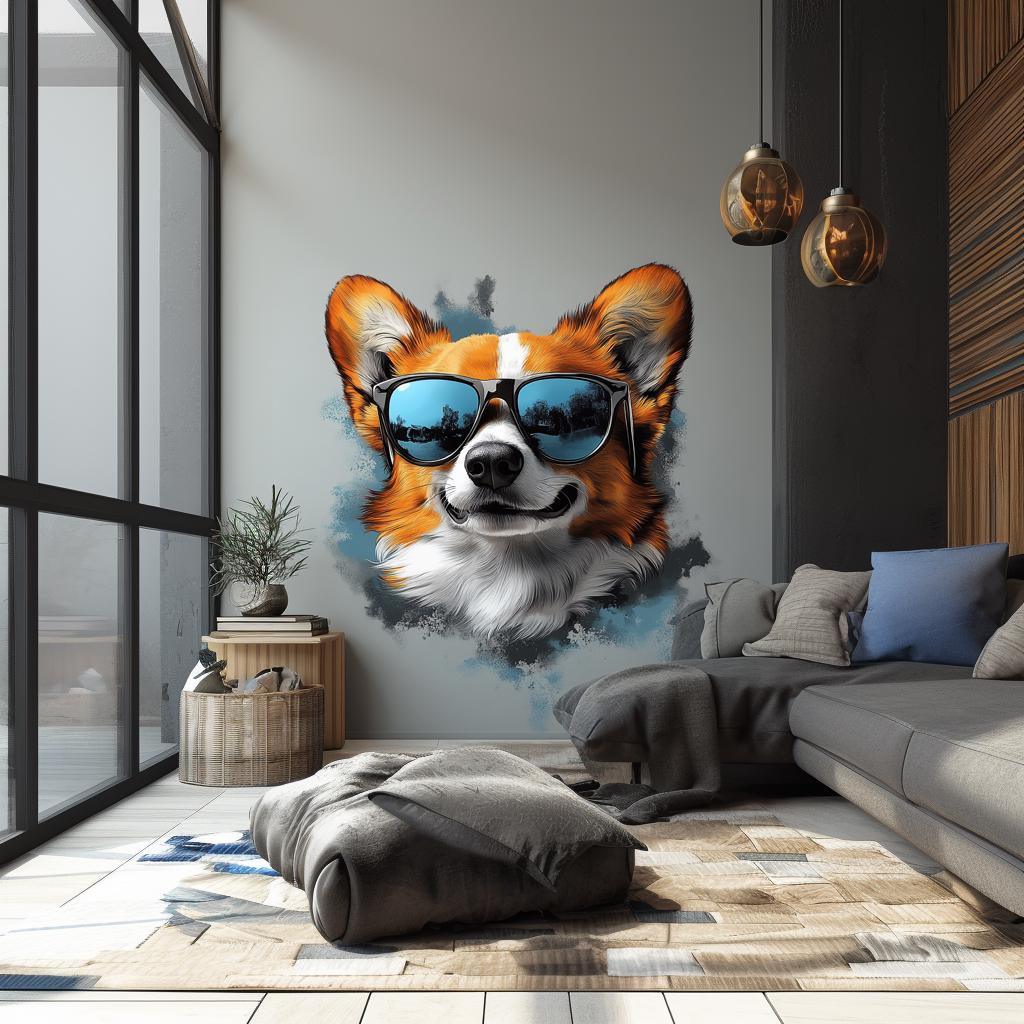 Corgi with sunglasses wall decal, fun dog wall art for kids and living room, vibrant removable sticker decor.