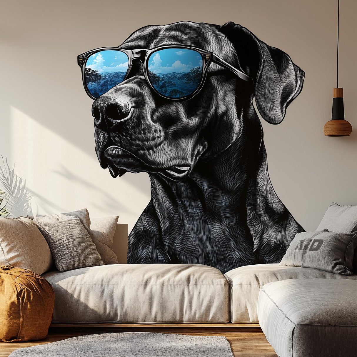 Stylish black dog wall decal with sunglasses, perfect for modern room decor and pet lovers.