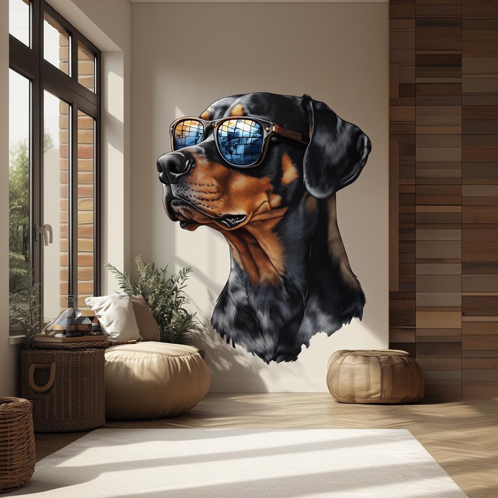 Rottweiler wearing sunglasses wall decal, stylish dog wall art for kids and living rooms, removable pet wall sticker.
