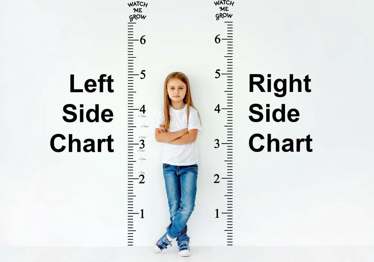 Child standing beside a growth chart ruler vinyl wall decal labeled Left Side Chart and Right Side Chart.