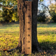 Wooden height growth chart installed on a tree for tracking children's growth outdoors.