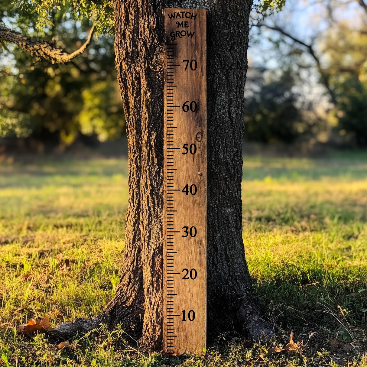 Wooden height growth chart installed on a tree for tracking children's growth outdoors.