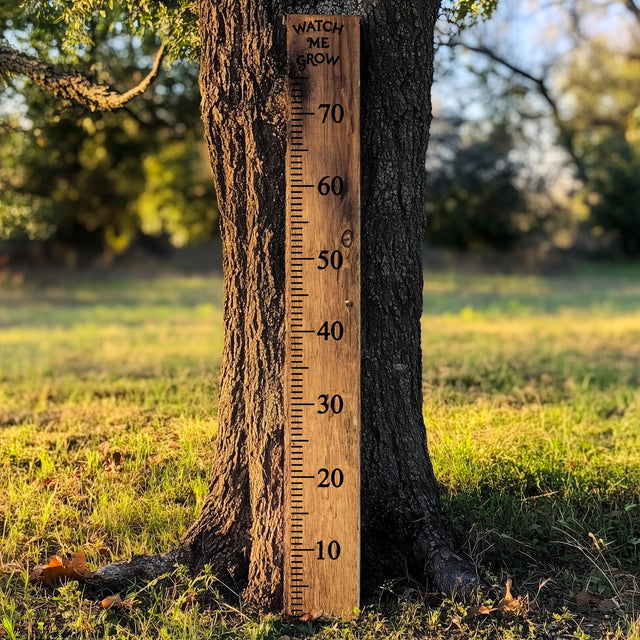 Wooden height growth chart installed on a tree for tracking children's growth outdoors.