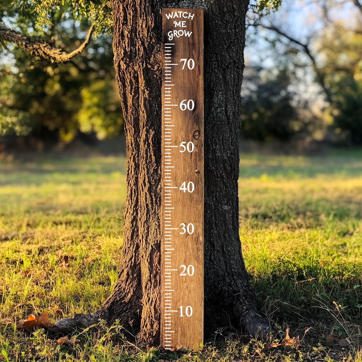 Wooden growth chart ruler measuring height up to 70 inches with 'Watch Me Grow' design on the tree.
