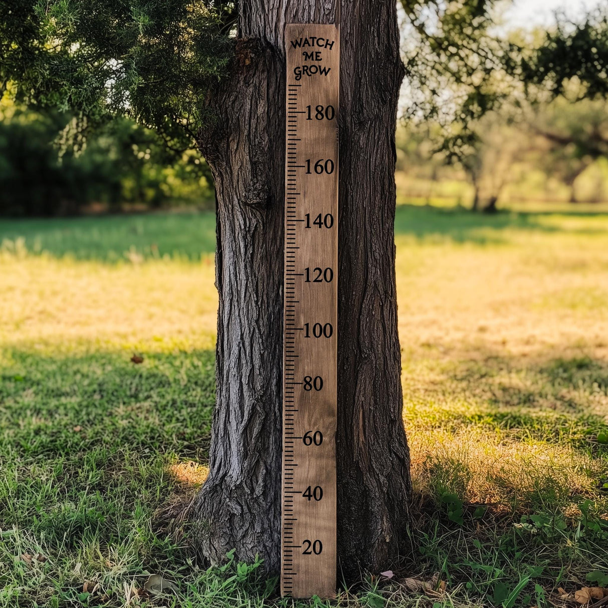 DIY wooden height ruler with markings for tracking kids' growth, set against a natural outdoor background.