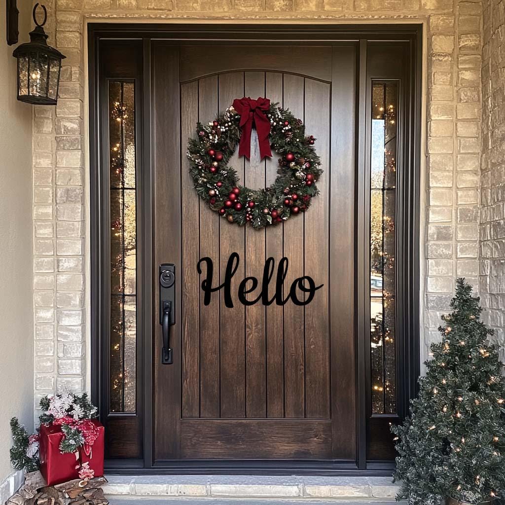 Charming front door with 'Hello' vinyl decal, festive wreath, holiday decor, and welcoming entrance.