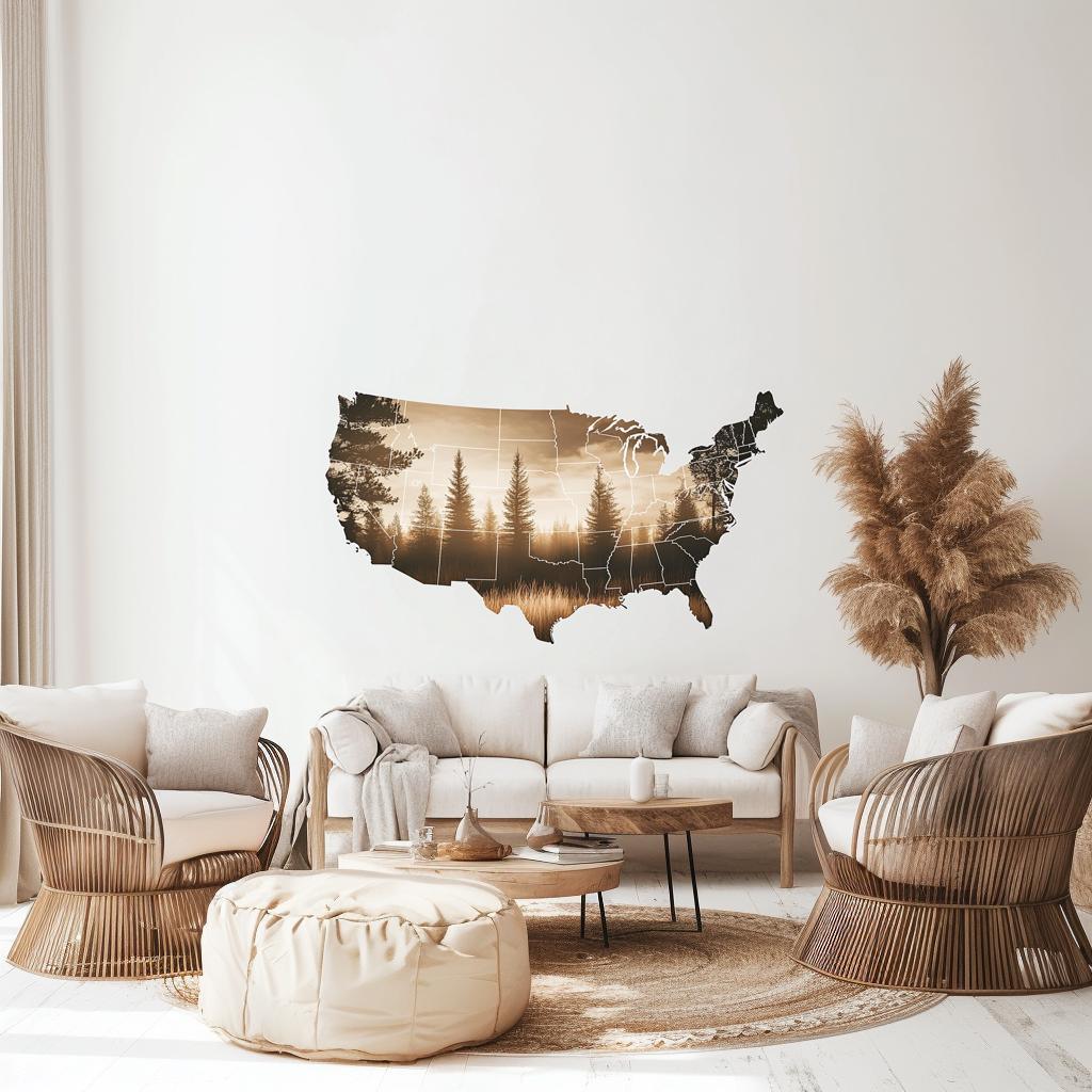 Scenic USA map wall decal decor with forest landscape in a modern living room setting.
