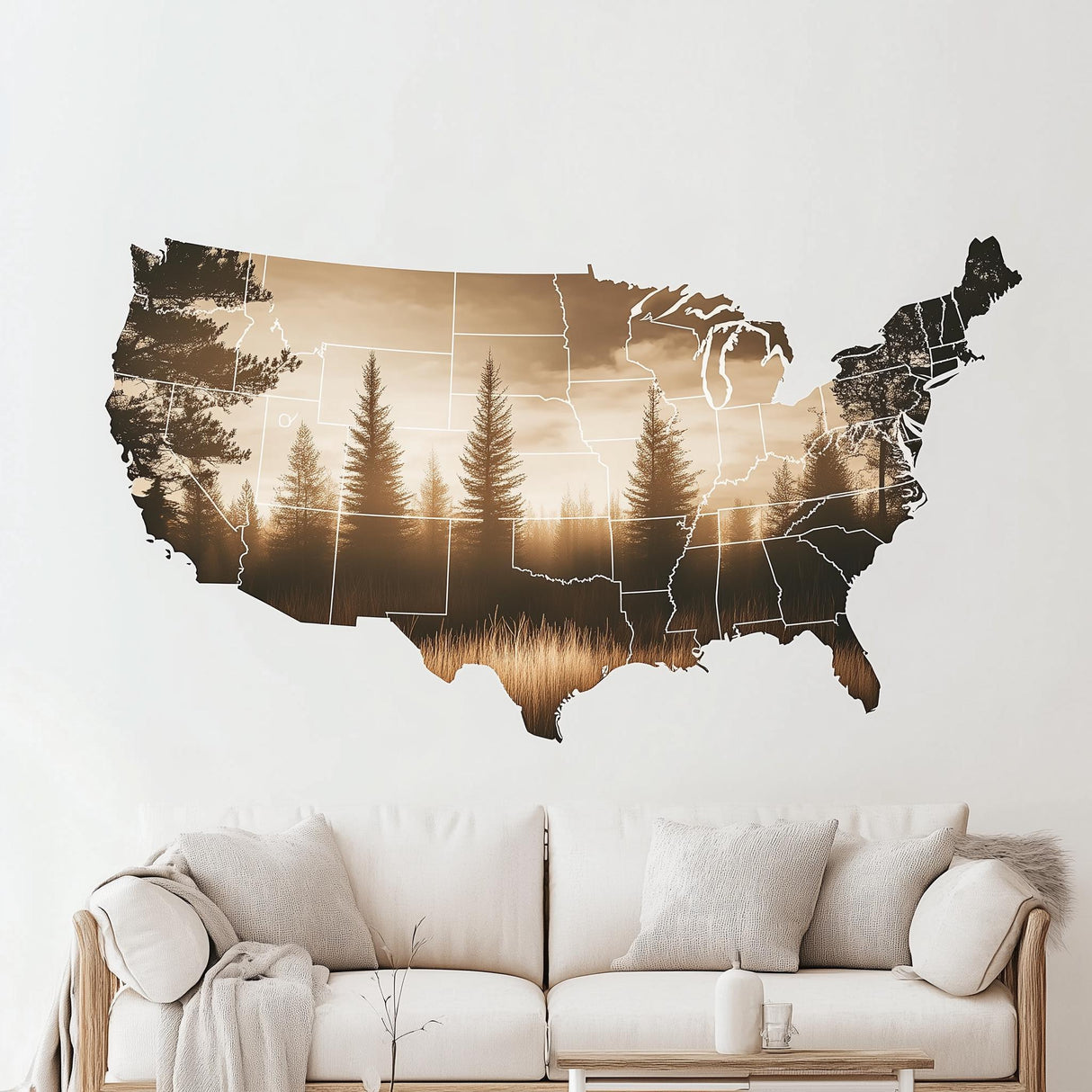 USA map wall decal featuring scenic landscape and trees, perfect for modern home decor in living room or office.
