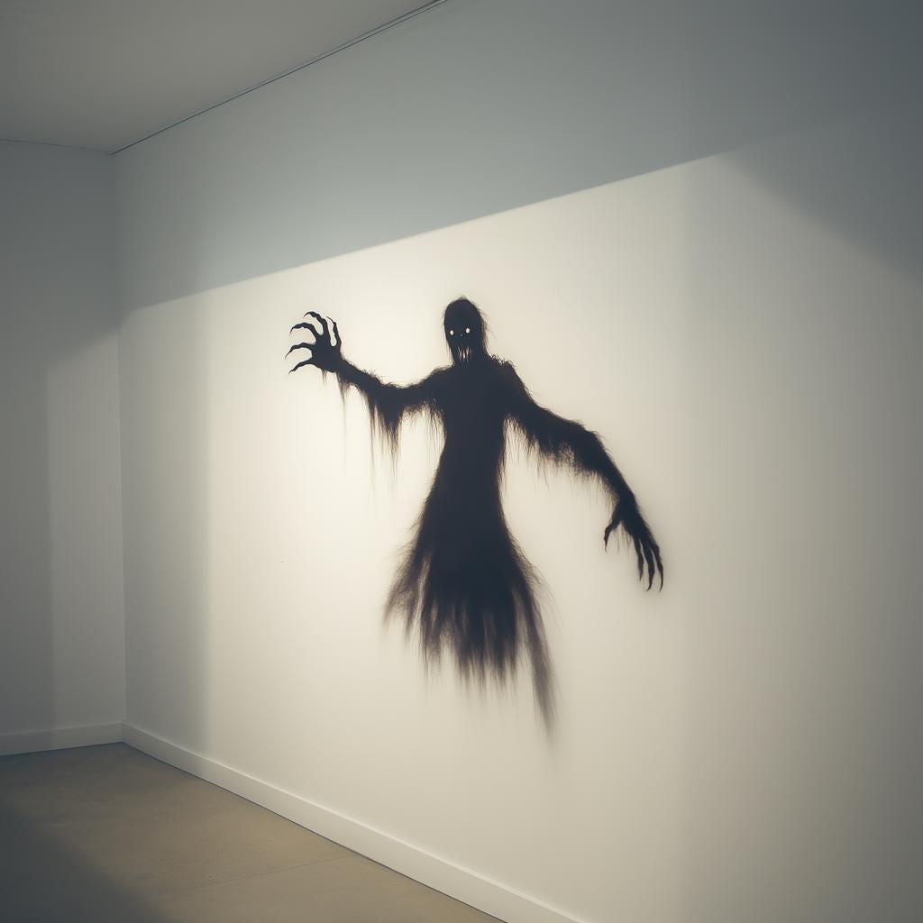 Spooky shadow wall sticker featuring a ghostly figure with glowing eyes and elongated arms for Halloween decor.