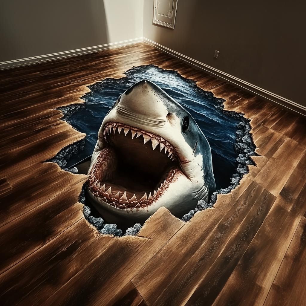 Realistic 3D Shark Floor Sticker design showing a Great White shark emerging from wooden floor.