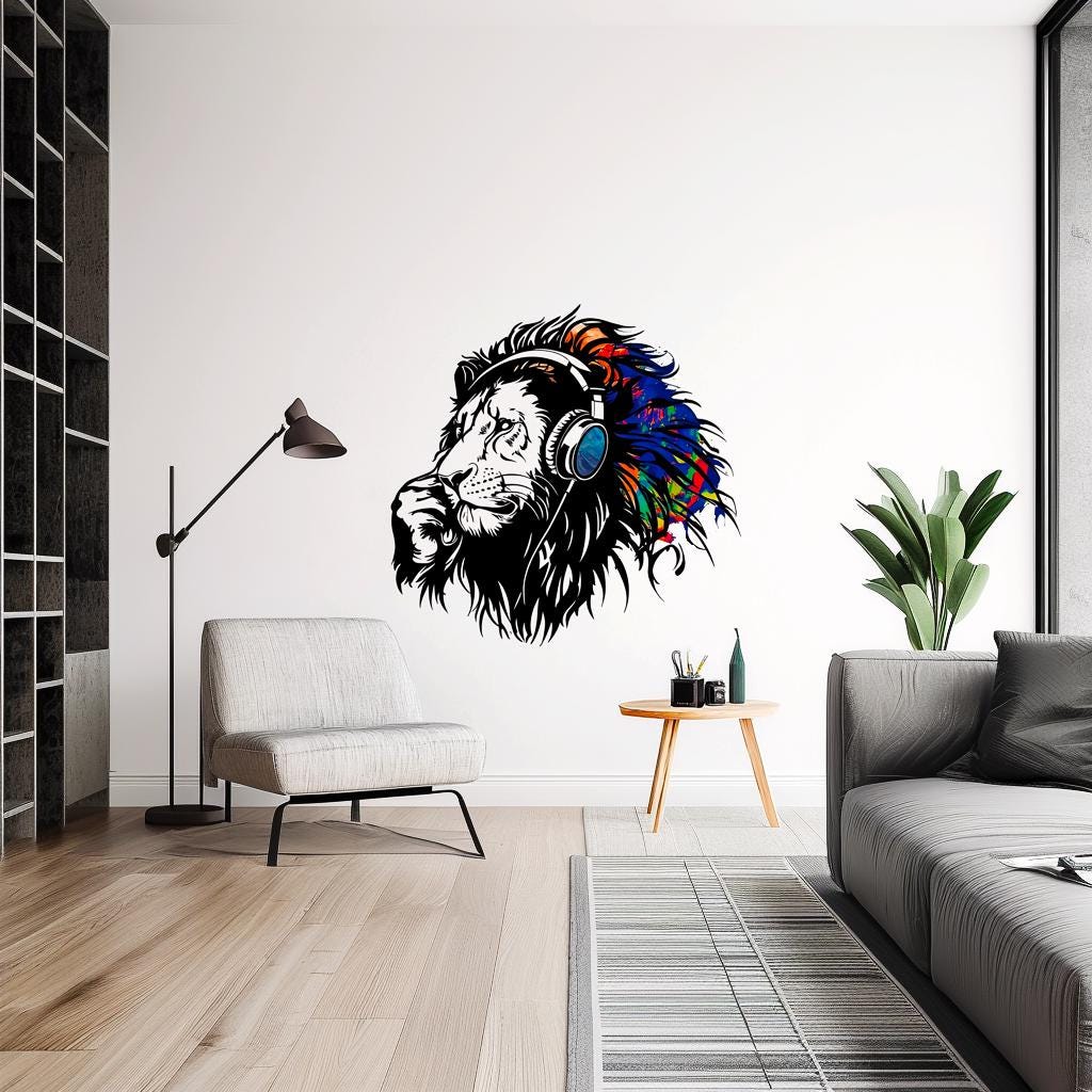 Colorful lion wearing headphones wall sticker, vibrant vinyl decal for music lovers in modern living space.